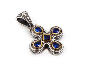 Byzantine Cross Pendant Laskaridis with zircon Sapphire Sterling Silver 925 Gold Plated