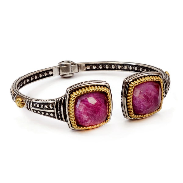 Byzantine Cuff Bracelet Laskaridis with Doublet Ruby Gemstone Sterling Silver 925 Gold Plated