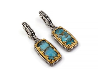 Byzantine Earring Laskaridis with Turquoise Copper Doublet Gemstone Sterling Silver 925 Gold Plated