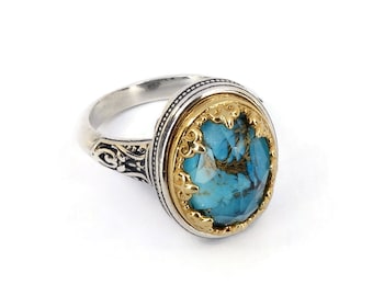 Byzantine Ring Laskaridis with Turquoise Doublet Gemstone Sterling Silver 925 Gold Plated