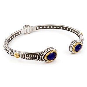 Byzantine Cuff Bracelet Laskaridis with Doublet Lapis Gemstone Sterling Silver 925 Gold Plated