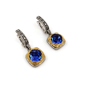 Byzantine Earring Laskaridis with Sapphire Crystal Stone Sterling Silver 925 Gold Plated