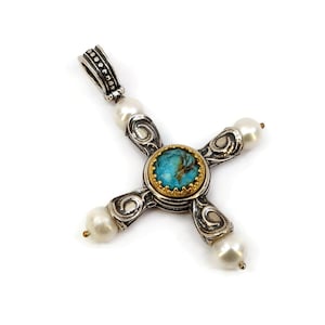 Byzantine Cross Pendant Laskaridis with Doublet Turquoise Stone Sterling Silver 925 Gold Plated