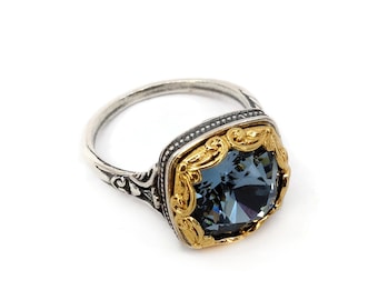 Anello bizantino Laskaridis con anelli di pietra di cristallo di topazio blu di Londra, regalo di gioielli per lei, argento sterling 925 placcato oro