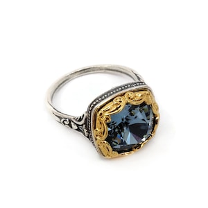 Byzantine Ring Laskaridis with London Blue Topaz Crystal Stone Rings Jewelry Gift for Her Sterling Silver 925 Gold Plated