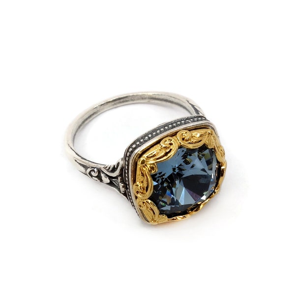 Byzantine Ring Laskaridis with London Blue Topaz Crystal Stone Rings Jewelry Gift for Her Sterling Silver 925 Gold Plated