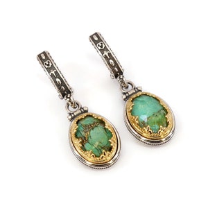 Byzantine Earring Laskaridis with Green Copper Turquoise Doublet Stone Sterling Silver 925 Gold Plated
