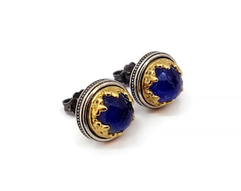 Byzantine Stud Earring Laskaridis with Doublet Lapis Gemstone Sterling Silver 925 Gold Plated