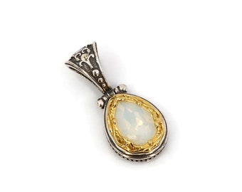 Byzantine Pendant Laskaridis with White Opal Crystal Stone Sterling Silver 925 Gold Plated