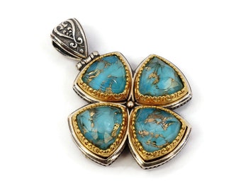 Byzantine Cross Pendant Laskaridis with Doublet  Turquoise Stone Sterling Silver 925 Gold Plated