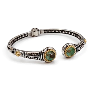 Byzantine Cuff Bracelet Laskaridis with Doublet Green Turquoise Copper Gemstone Sterling Silver 925 Gold Plated