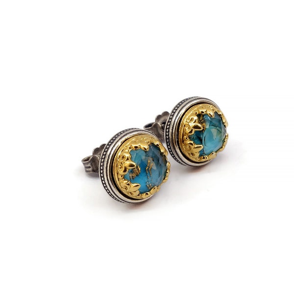 Byzantine Stud Earring Laskaridis, Studs Earrings, with Natural Turquoise Copper Doublet Gemstone Sterling Silver 925 Gold Plated