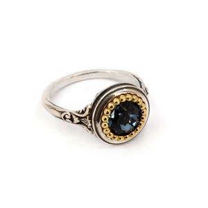 Byzantine Ring Laskaridis with London Blue Topaz Crystal Stone Sterling Silver 925 Gold Plated