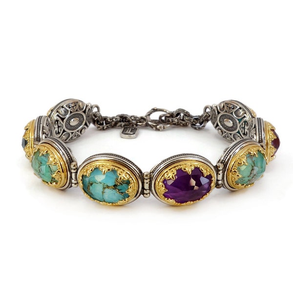 Byzantine Bracelet Laskaridis with Doublet Multi Gemstones Sterling Silver 925 Gold Plated