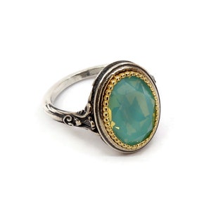 Byzantine Ring Laskaridis with Blue Opal Crystal Stone Sterling Silver 925 Gold Plated