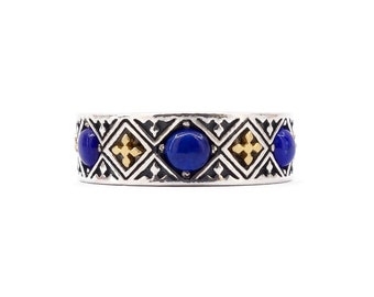 Bague croix byzantine Laskaridis avec pierre précieuse lapis naturelle Argent massif 925 avec détails oxydés, Art Luxury, Sterling Silver Gold Plaqué