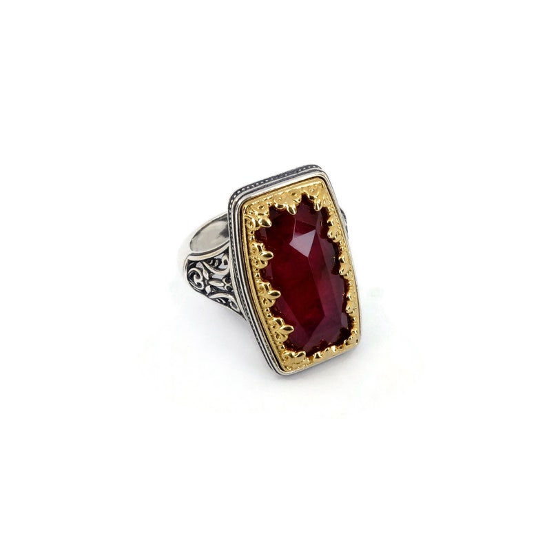 Byzantine Ring Laskaridis with Ruby Doublet Stone Sterling Silver 925 Gold Plated