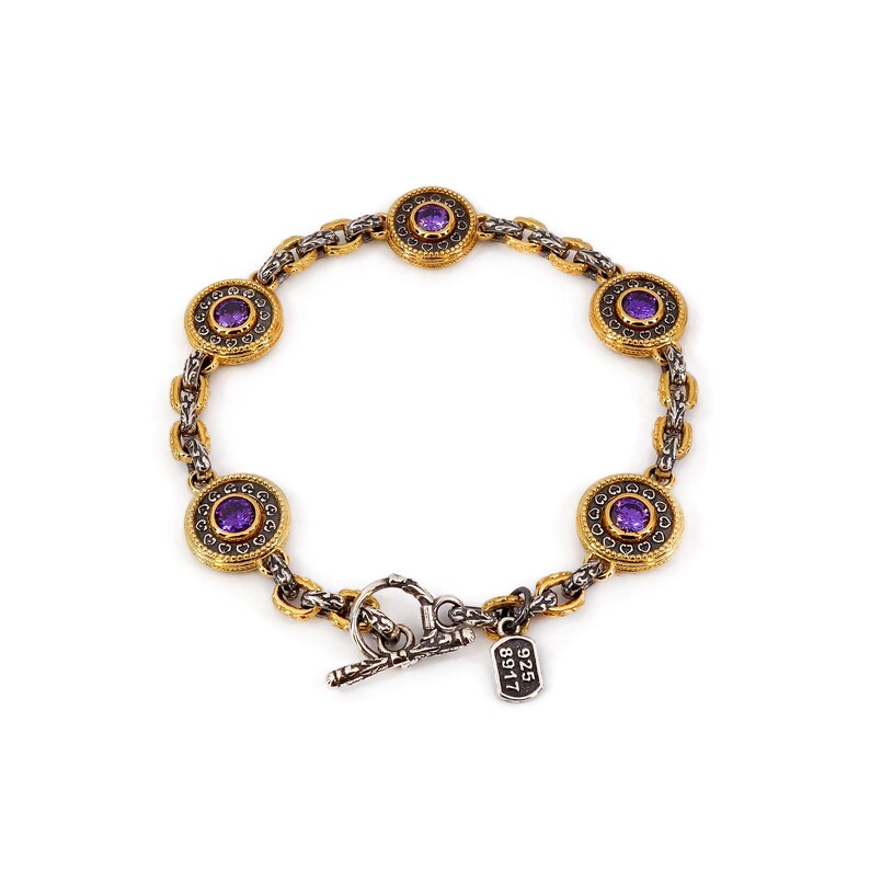 Byzantine Bracelet Laskaridis with Amethyst Zircon Sterling Silver 925 Gold Plated