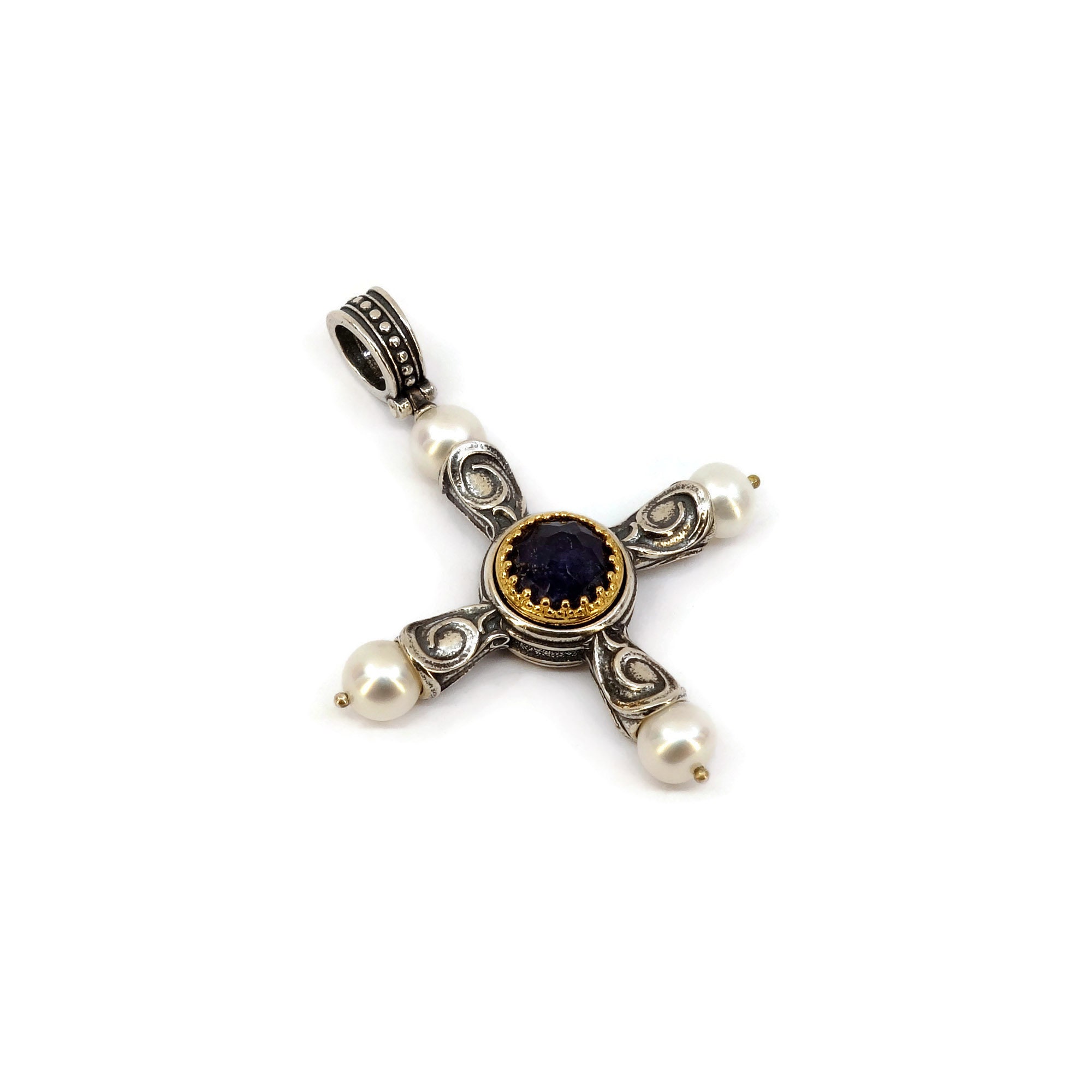 Byzantine Cross Pendant Laskaridis with Doublet Lapis Stone Sterling Silver 925 Gold Plated