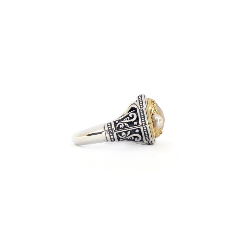 Byzantine Ring Laskaridis with Doublet Mother Of Pearl Gemstone and Natural Pearl Sterling Silver 925 Gold Plated
