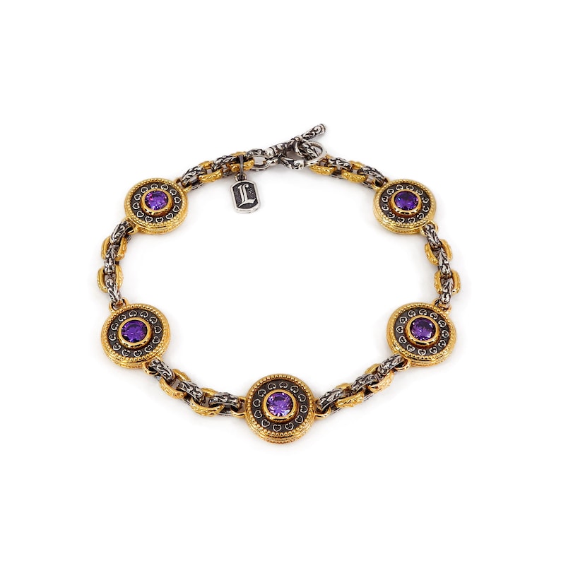 Byzantine Bracelet Laskaridis with Amethyst Zircon Sterling Silver 925 Gold Plated