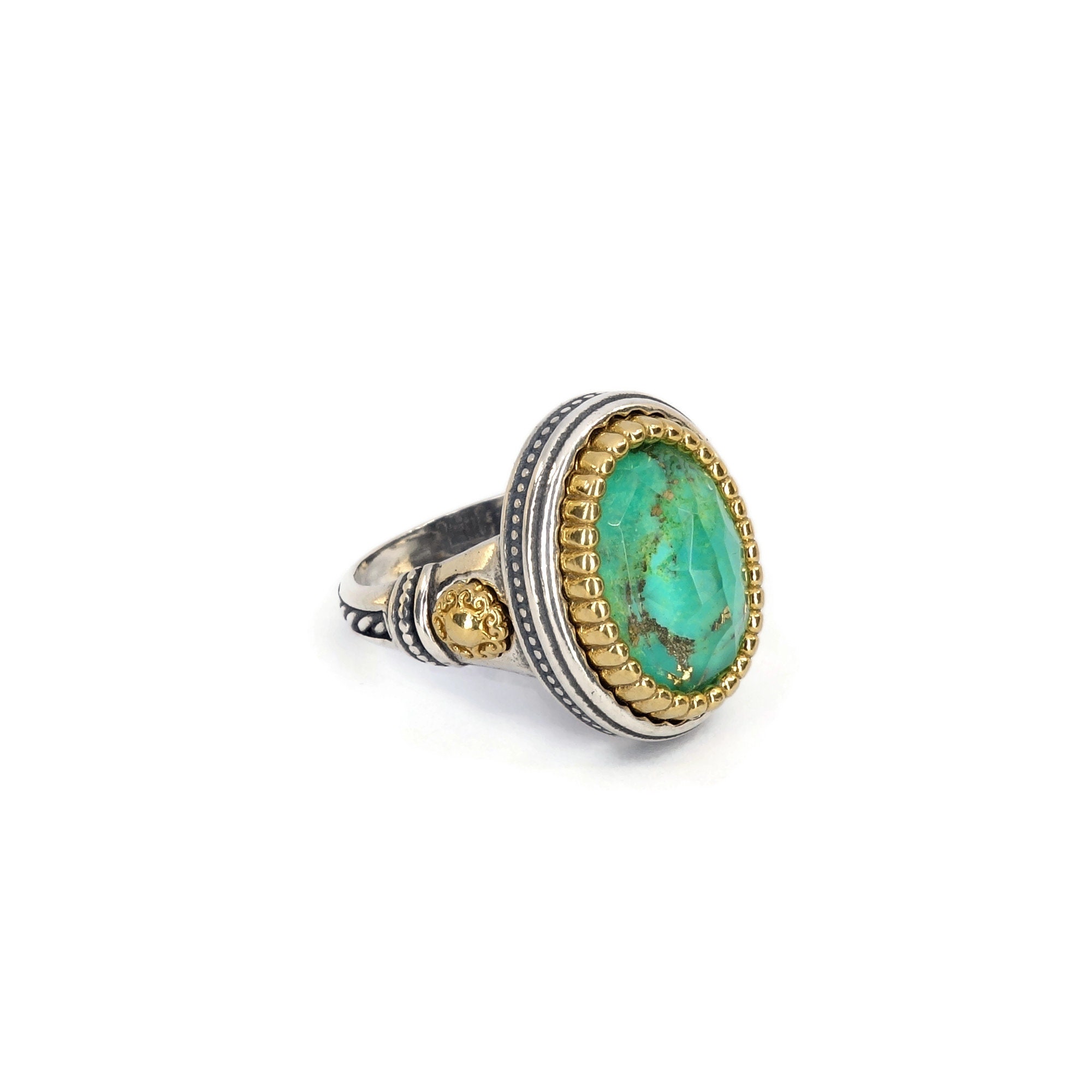Byzantine Ring Laskaridis with Green Turquoise Doublet Gemstone Sterling Silver 925 Gold Plated