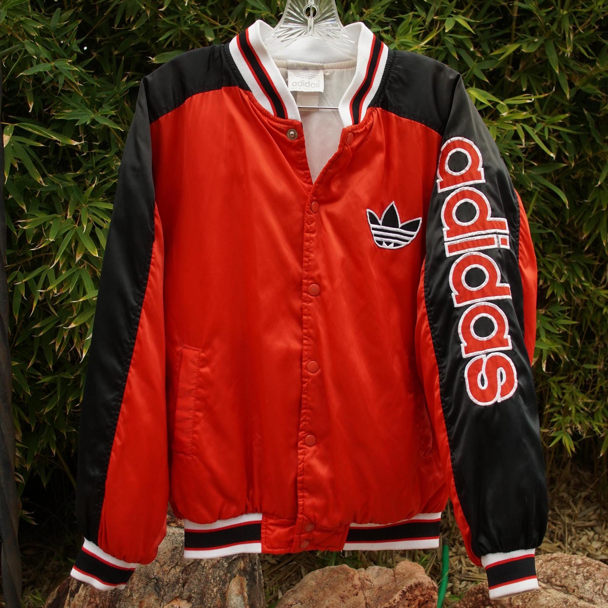 Vintage 80s Adidas Big Trefoil Logo Leaf Jacket Hip Hop Retro Run DMC Satin Varsity L Vintage 80s Adidas Big Trefoil Logo Leaf Jacket Hip Hop Retro Run DMC Satin Varsity L