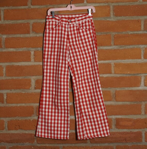 60s 70s Check Pants 27 26,5 Womens Flare Hippy Slacks Hippie Retro 