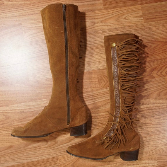 Vintage 60s 70s Tall Boots Fringe 7 M Penny Lane Knee High Lace up Boho Retro Hippy GO GO Festival Hippie Almost Famous Woman Suede Leather Etsy
