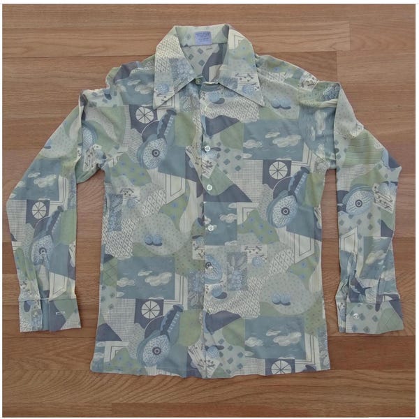 VTG 70s DEADSTOCK BIG COLLAR MENS POLY SMOCK SHIRT PSYCHEDELIC PRINT 38” (36)