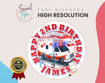 AMBULANCE PERSONALISED EDIBLE ICING BIRTHDAY CAKE TOPPER /& 8 VAN CUPCAKES