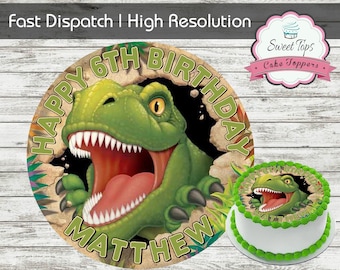7.5/" 19cm DINO BLAST T-REX PERSONALISED WAFER//FONDANT PAPER CAKE TOPPER