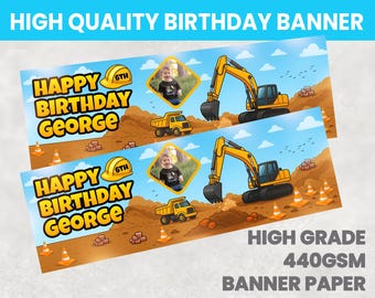 Personalised Digger Truck Birthday Party Banner – Construction Theme – Custom Name & Photo