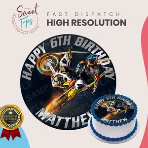 Motocross Round Edible Birthday Cake Topper Decoration Personalised