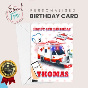 Cartão de aniversário A5 personalizado Ambulância | Tema de primeiros socorros | Qualquer nome e idade