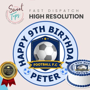 May include: A cake topper with a soccer ball design, featuring the text "Happy 9th Birthday Peter" and "Football F.C." in blue and white. The image also includes a small cake with the same design and a gold seal.