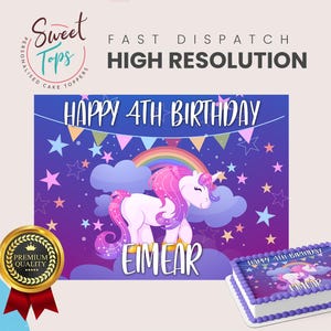 Adorno comestible rectangular personalizado de unicornio para tarta de cumpleaños.