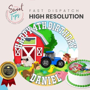 Farm Animals & Tractor Personalised Round Edible Cake Topper Birthday Decoration