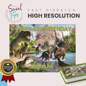 May include: A green and brown dinosaur cake topper with the text "Happy 4th Birthday Adam".