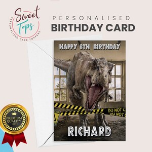 Biglietto di auguri di compleanno personalizzato A5 con tema dinosauro T Rex / qualsiasi nome ed età