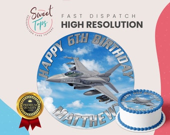 Fighter Jet Personalised Round Edible Birthday Cake Topper Decoration