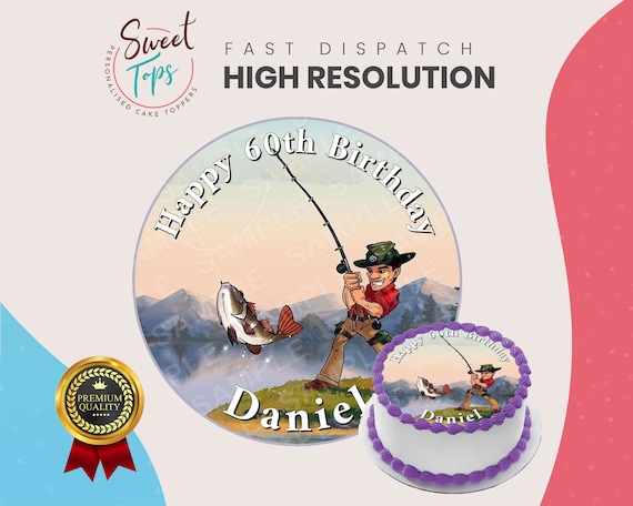 Fishing Round Birthday Edible Cake Topper Decoration Personalised