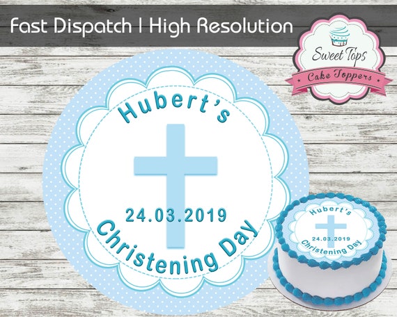 BOY CHRISTENING ROUND EDIBLE BIRTHDAY CAKE TOPPER DECORATION PERSONALISED