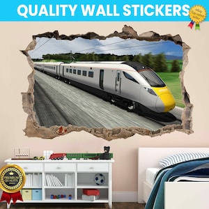 May include: A white and yellow train with the word "INTERCITY" on the side is speeding through a tunnel. The train is a wall sticker that creates the illusion of a hole in the wall.