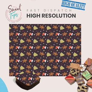 Puede incluir: Un adorno para pastel con un patrón repetido de hombres de jengibre, árboles de Navidad y medias sobre un fondo oscuro. Las palabras "Sweet Tops" y "High Resolution" son visibles.