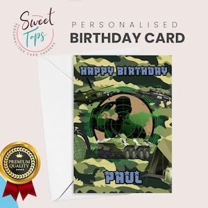 Tarjeta de cumpleaños personalizada tamaño A5 con temática militar. Cualquier nombre y edad.