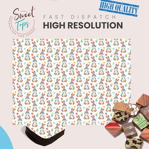 May include: A cake topper featuring a repeating pattern of cartoon bunnies, eggs, and flowers in pastel shades. The topper has the text "Sweet Tops" and "Personalised Cake Toppers". The image also includes the text "Fast Dispatch" and "High Resolution".