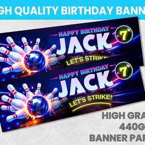 May include: A birthday banner with a bowling theme. The banner features the name "JACK" in large white letters, with the text "HAPPY BIRTHDAY" above and "LET'S STRIKE!" below. A bowling ball and pins are in the center. The banner is on a dark blue background.
