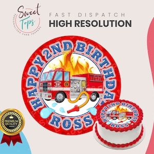 Decorazione per torta commestibile rotonda con pompiere/autopompa, personalizzata, per compleanno