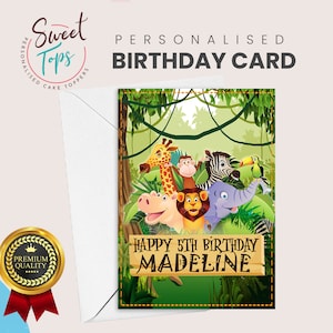 Tarjeta de cumpleaños personalizada tamaño A5 con animales de safari en la jungla. Cualquier nombre y edad.